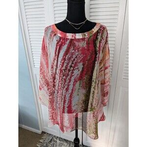 Chico's Sheer Abstract Watercolor Boatneck Blouse - Pink, Green, White